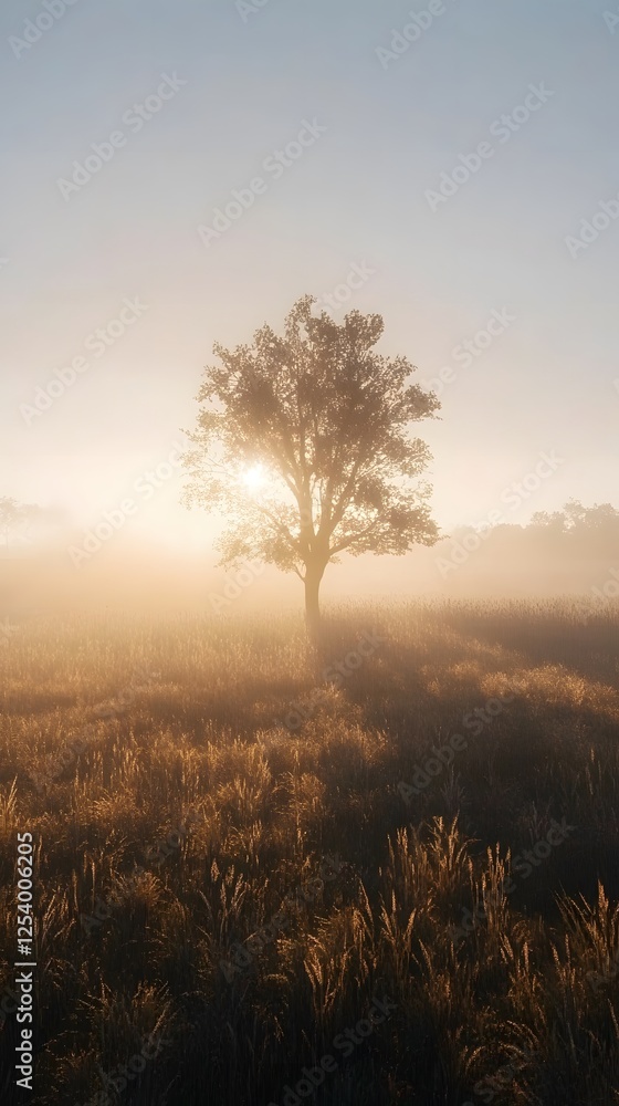 Obraz premium A tree without leaves in the middle of an open field, with sun shining through branches 