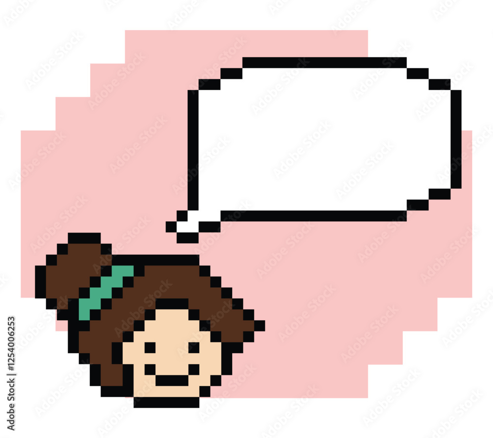 Obraz premium Cartoon pixel cute cartoon character face woman with chat blank decoration 8 bit female girl say speak discuss idea chat box cartoon pixel game 8bit png vector.