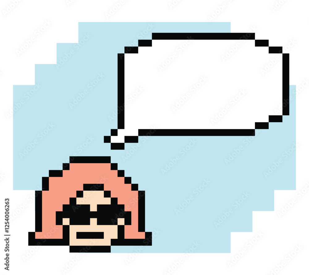 Obraz premium Cartoon pixel cute cartoon character face woman with chat blank decoration 8 bit female girl say speak discuss idea chat box cartoon pixel game 8bit png vector.