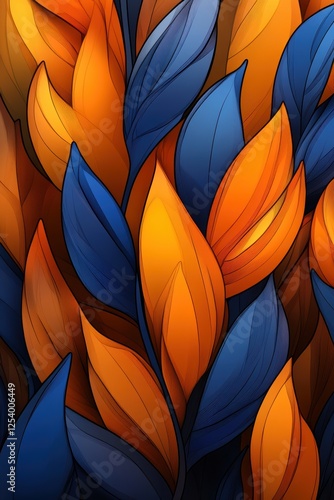 Wallpaper Mural Vibrant leaves in orange and blue hues create an eye-catching texture, perfect for backgrounds in design projects, wallpapers, or eco-themed promotions, The bold colors add energy and warmth, Torontodigital.ca