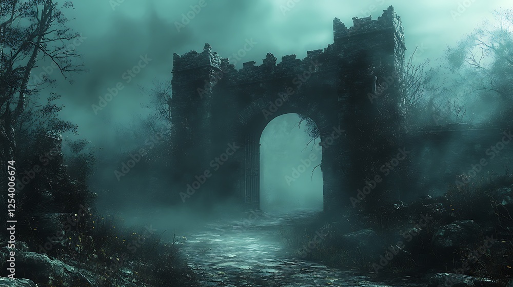 Shadowy fortress with an open gate leading into complete darkness Shadowy fortress with an open gate leading into complete darkness