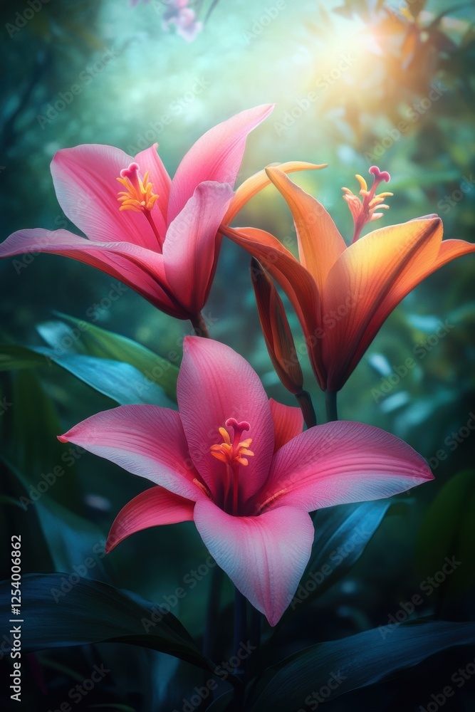 Obraz premium Vibrant lilies in pink and orange bloom in a lush green environment, illuminated by soft natural light, Ideal for nature-themed projects, floral arrangements, or wellness and relaxation settings,
