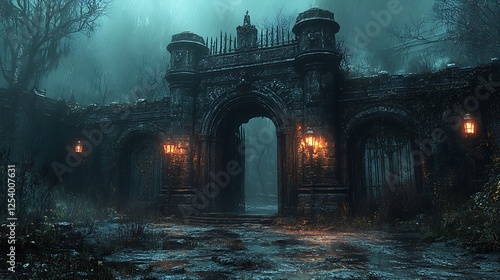 Gothic-style entrance with massive iron spikes and flickering lanterns