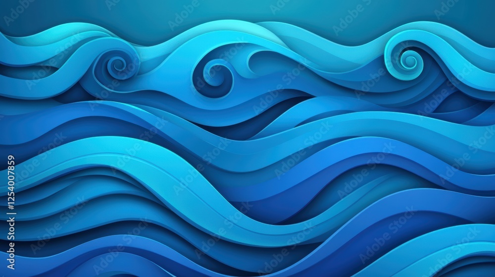 Fototapeta premium A vibrant and dynamic depiction of stylized ocean waves, featuring various shades of blue, This image can be used for backgrounds, websites, and marketing materials related to water, nature