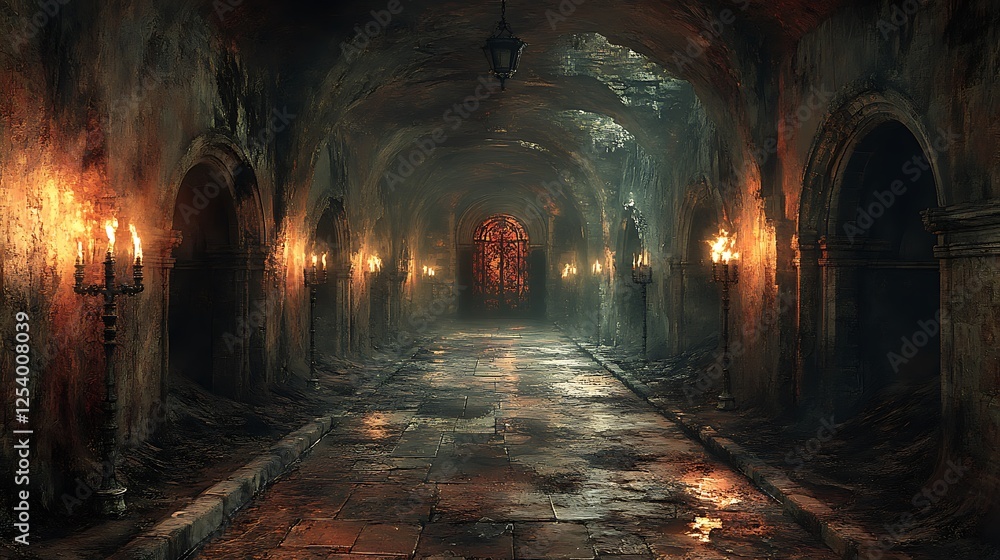 Underground passage lined with torches leading to a demonic gate Underground passage lined with torches leading to a demonic gate