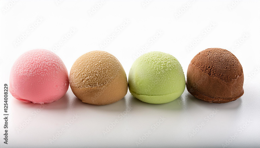 Obraz premium 4 flavors of mochi ice cream isolated on a white heritage chocolate caramel matcha tea and strawberry