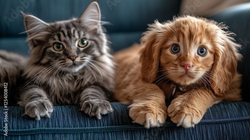 Wallpaper Mural Charming puppy and curious kitten sharing a moment of companionship on a stylish couch : Generative AI Torontodigital.ca