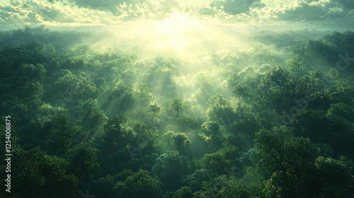 Wallpaper Mural Sun rays through misty jungle canopy, aerial view Torontodigital.ca