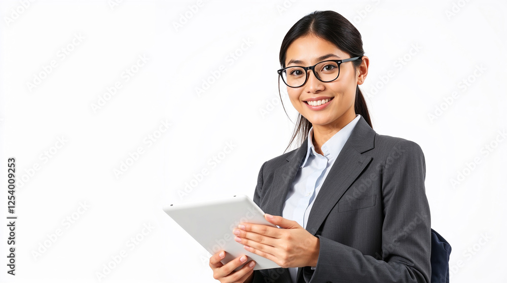 young asian woman, company worker in glasses, smiling and holding digital tablet, standing over white background young asian woman, company worker in glasses, smiling and holding digital tablet, standing over white background