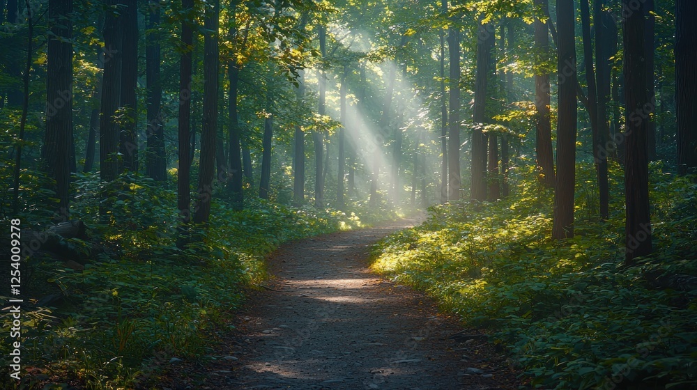 Fototapeta premium Sunbeams illuminate forest path; tranquil nature scene, perfect for relaxation