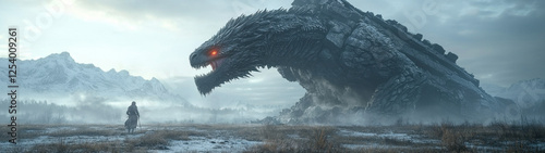 The massive creature looms ominously as the man faces it in the cold, desolate field