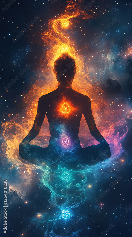 A glowing silhouette of a meditating person, each chakra illuminated in radiant colors. The figure is surrounded by flowing energy waves A glowing silhouette of a meditating person, each chakra illuminated in radiant colors. The figure is surrounded by flowing energy waves