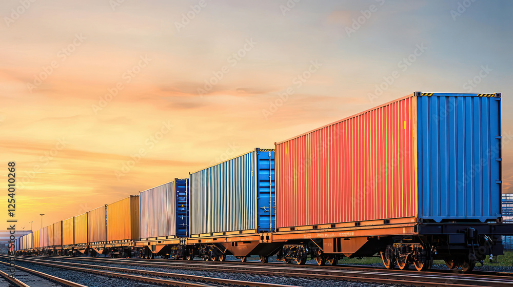 Obraz premium Colorful Cargo Train At Sunset