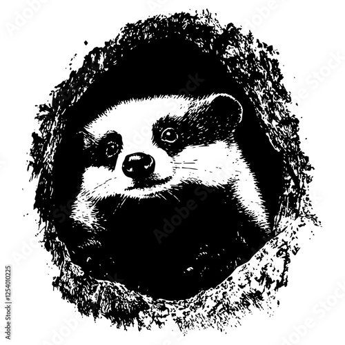 ferret face in tunnel – black and white engraving vector