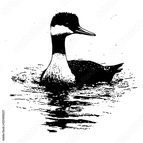 black and white vector illustration of a duck swimming on water, vintage sketch style for wildlife and nature projects
