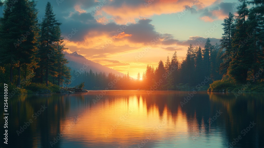 Lake reflects golden sunset with trees and mountain silhouette Lake reflects golden sunset with trees and mountain silhouette