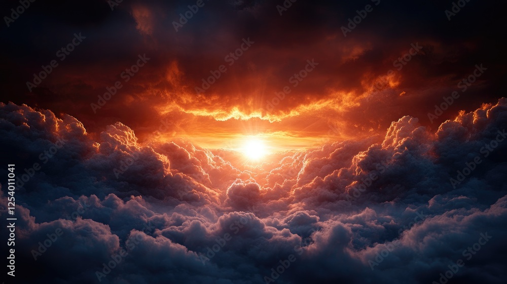 Fototapeta premium Dramatic sunset above fluffy clouds, fiery orange and dark sky