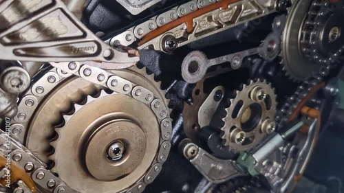 Broken timing chain on a diesel V-shaped engine. Shows the break points and damaged parts on the disassembled engine in the automotive service