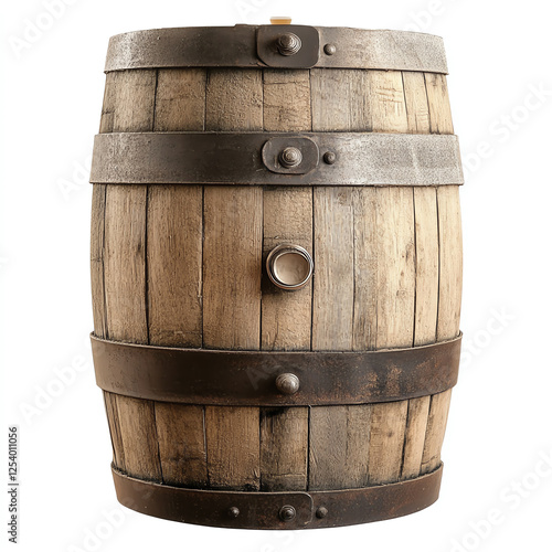 A vintage wooden barrel with iron bands, perfect for storing beverages like wine or whiskey. Its rustic charm adds a touch of authenticity to any setting or decor. photo