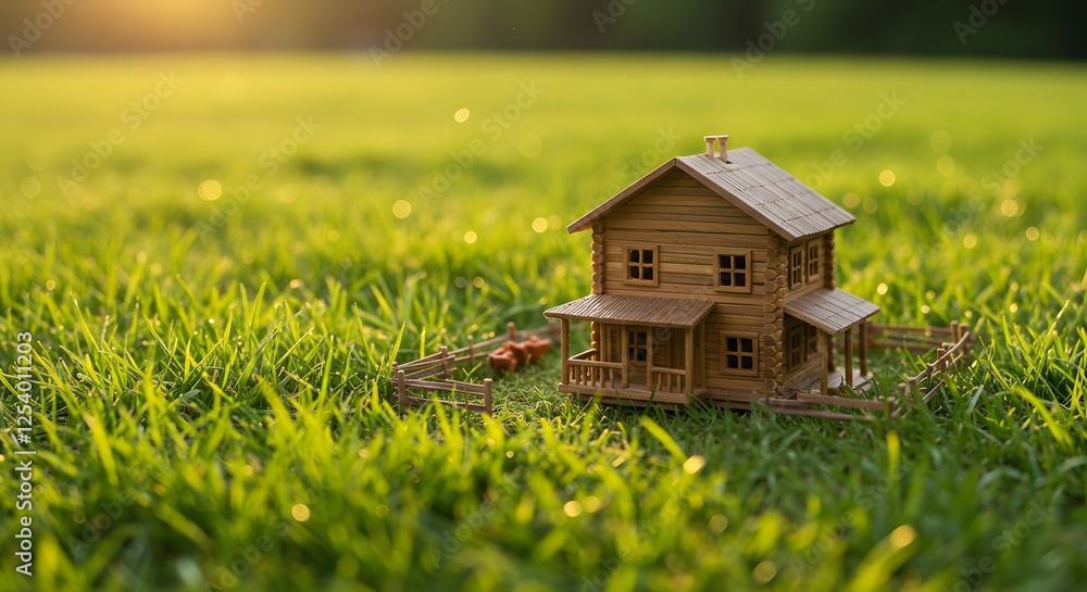 small model house on the outdoor grass, sunshine light, real state concept, banner, copy space small model house on the outdoor grass, sunshine light, real state concept, banner, copy space