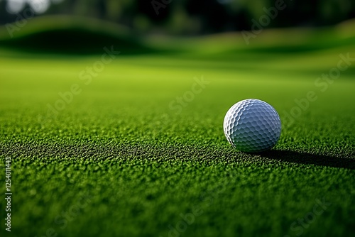 High resolution shot of a golf ball on lush grass emphasizing its sphere shape and textured surface with a blurred backdrop : Generative AI