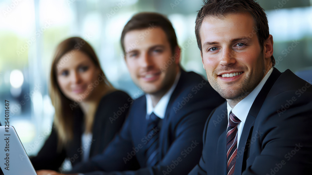 Business professionals smiling and collaborating in modern office setting Business professionals smiling and collaborating in modern office setting