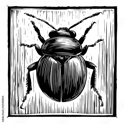 black and white vector illustration of a beetle in woodcut style, detailed and textured insect design