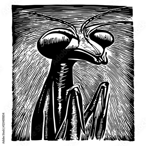 black and white vector illustration of a praying mantis in a woodcut style, detailed and textured