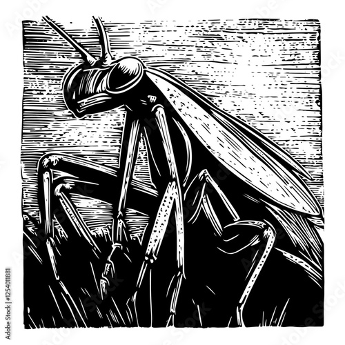 intricate black vector of a praying mantis standing on grass, crafted in vintage engraving style with a textured backdrop for realism