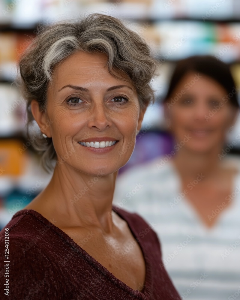 A happy White female customer shops in a pharmacy filled with colorful product shelves A happy White female customer shops in a pharmacy filled with colorful product shelves