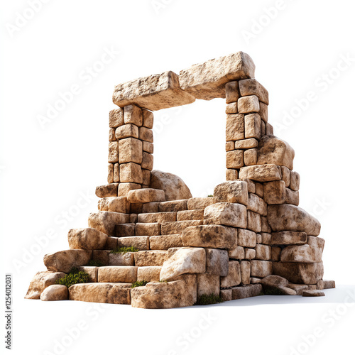 An ancient stone structure with worn steps leading up to an archway, surrounded by rugged rocks and greenery, symbolizing history and nature intertwined. photo