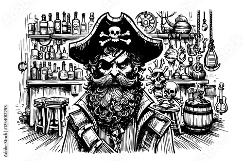 vector pirate in tavern with bottles and skulls