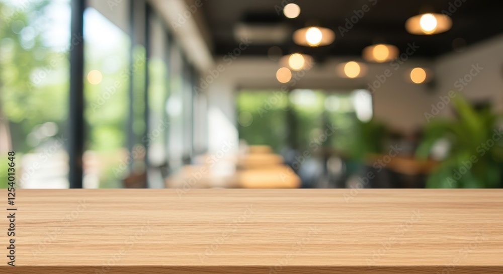 The blurred background of a wooden table in a modern cafe setting The blurred background of a wooden table in a modern cafe setting