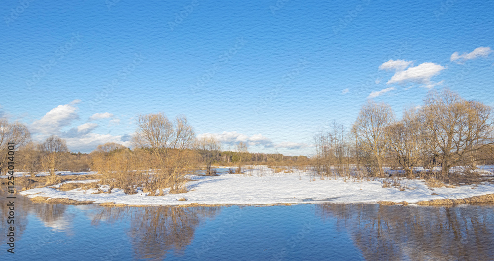 Serene winter landscape with a body of water and trees Serene winter landscape with a body of water and trees