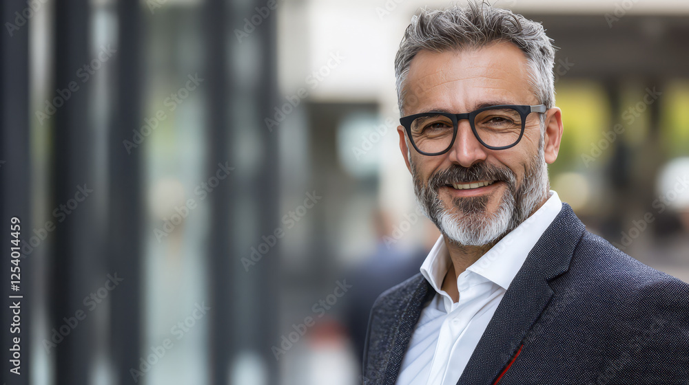 Fototapeta premium Confident businessman smiling, wearing glasses, and dressed in suit