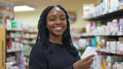 A smiling Black female pharmacist engages with a customer while holding a product in a well-stocked pharmacy Free Download A smiling Black female pharmacist engages with a customer while holding a product in a well-stocked pharmacy - GFXLoad