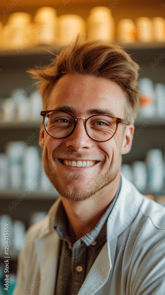 Obraz premium Friendly male pharmacist showcases joy while helping customers in a well-stocked pharmacy during the daytime