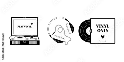 Vinyl record player. Retro vinyl disc, wired headphones and analog turntable, old school music technology, audiophile home furnishing. Vector flat black and white set