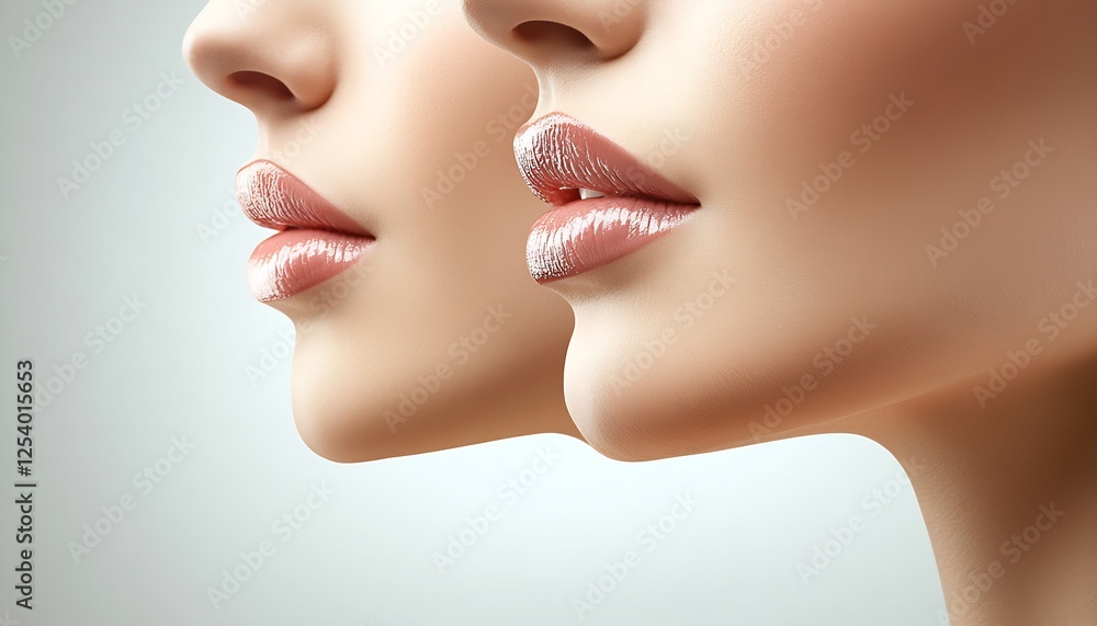 Two graceful female profiles with glossy lips highlighted by soft ambient lighting in a stylish setting : Generative AI Two graceful female profiles with glossy lips highlighted by soft ambient lighting in a stylish setting : Generative AI