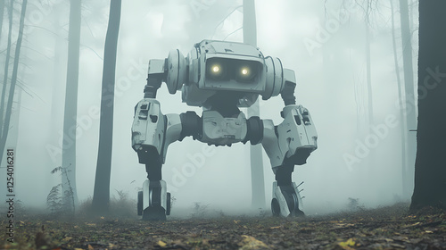 Quadrupedal robot in a misty forest. Mechanical Forests. Illustration photo