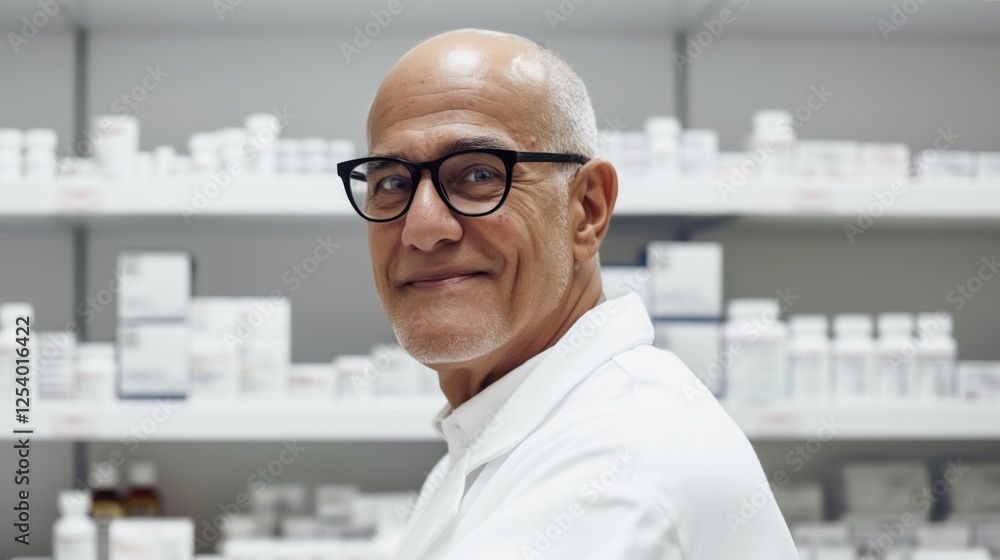 A cheerful Hispanic American pharmacist helps a customer in a contemporary pharmacy filled with shelves of medication A cheerful Hispanic American pharmacist helps a customer in a contemporary pharmacy filled with shelves of medication