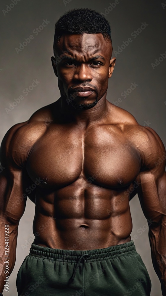 Fototapeta premium Cropped photo of strong muscular black man with torso, bodybuilder concept. african american sportsman having strong abdominal abs. Close-up portrait, copy space. people, workout, fitness