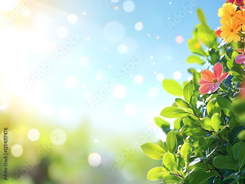 A dreamy composition of sunlit green foliage, colorful flowers on the right, and scattered bokeh against a summer sky.