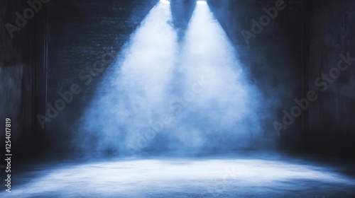 Smoky stage, blue lighting, brick wall