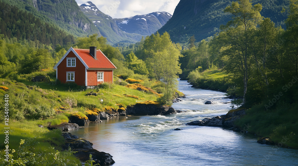 Fototapeta premium A landscape of a Norwegian village between fjords, a river, and a small red wooden house on the shore.