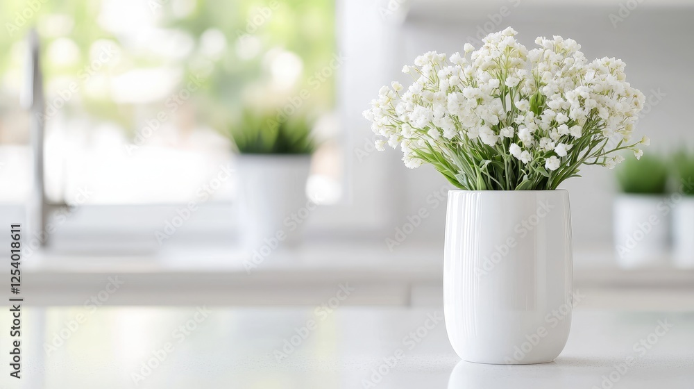 Fototapeta premium White flowers in vase on kitchen counter, bright window background, home decor