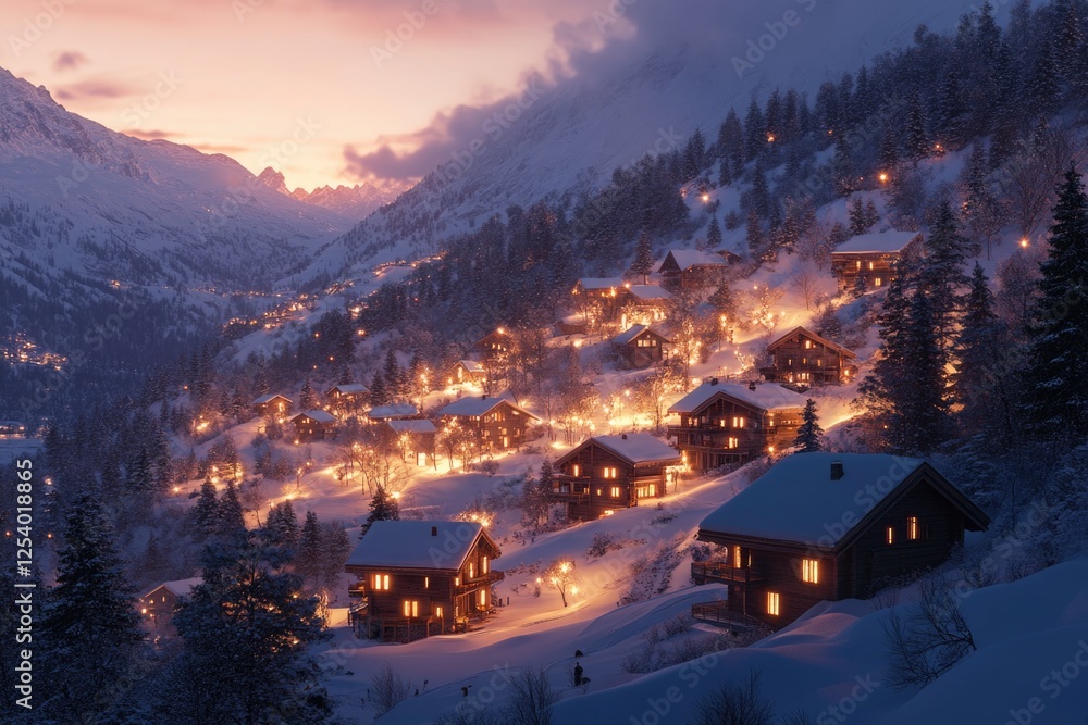 Fototapeta premium Snowy Mountain Village Night