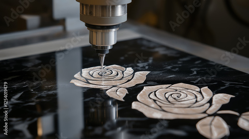 CNC machine precisely engraves floral patterns on polished granite. High-detail stone carving process for memorial plaques and tombstones.