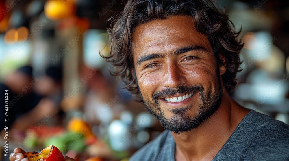 Obraz premium A man with a beard and a smile is holding a plate of food. He looks happy and content