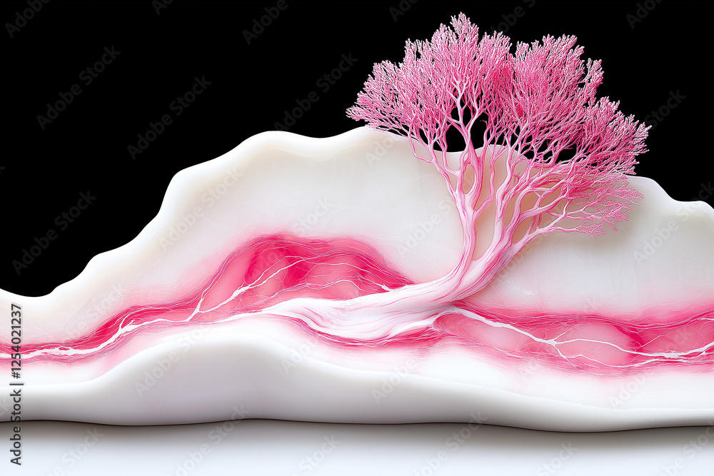 Delicate pink tree growing on abstract white mountain representing nature's beauty on black background Delicate pink tree growing on abstract white mountain representing nature's beauty on black background